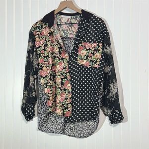 VTG Express 90s Patchwork Blouse Sheer Floral Polka Dot Grunge Indie Sleaze S